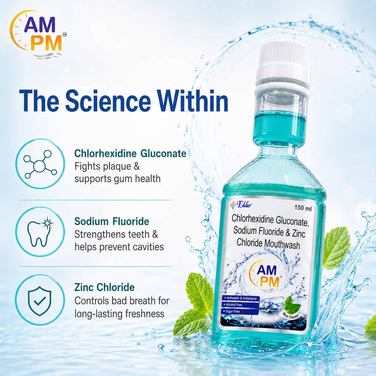AM PM Antiseptic and Antiplaque  Mouthwash | Alcohol Free | Pack of 2