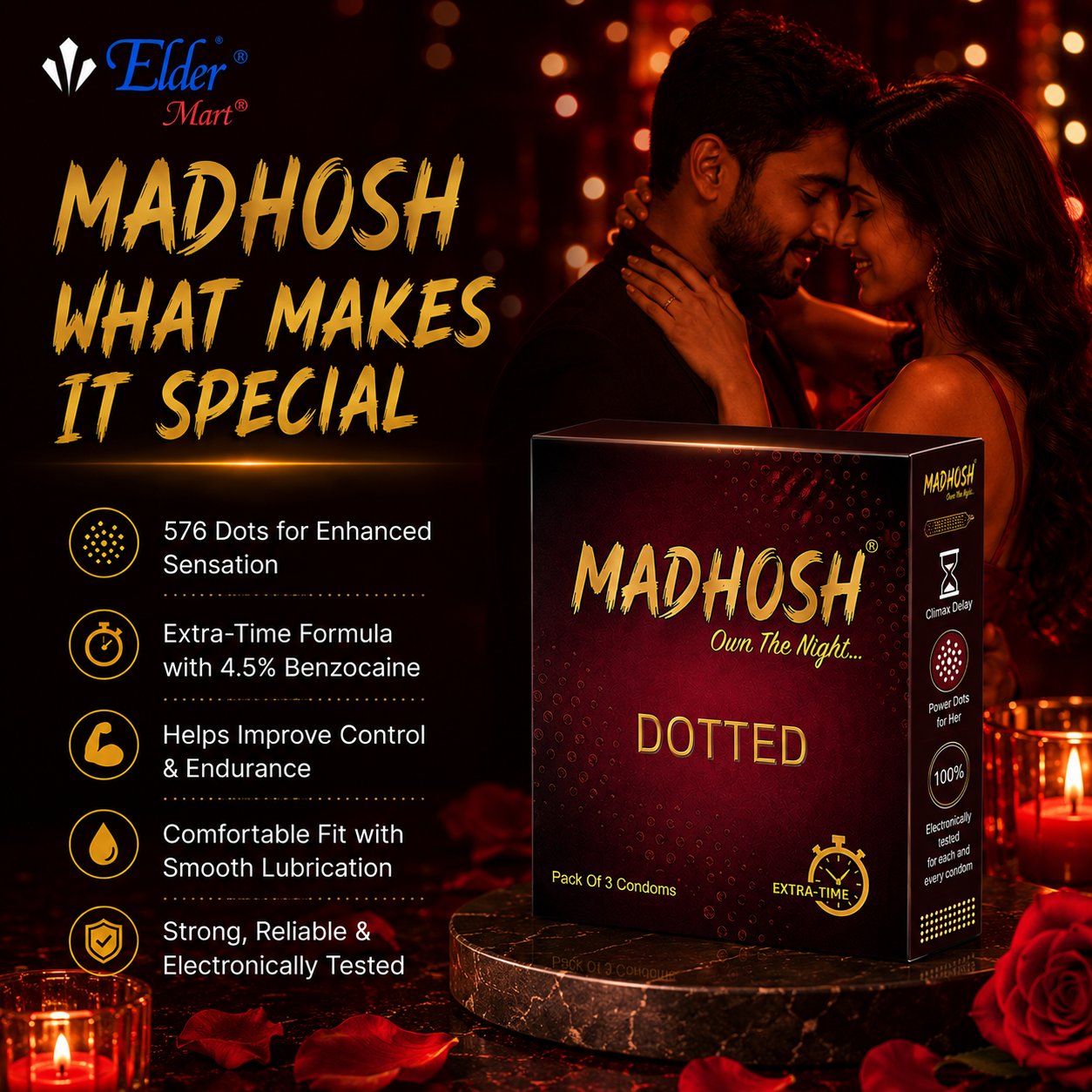 MADHOSH Dotted Condoms For Men | Extra Time Benzocaine Formula | Pack of 3
