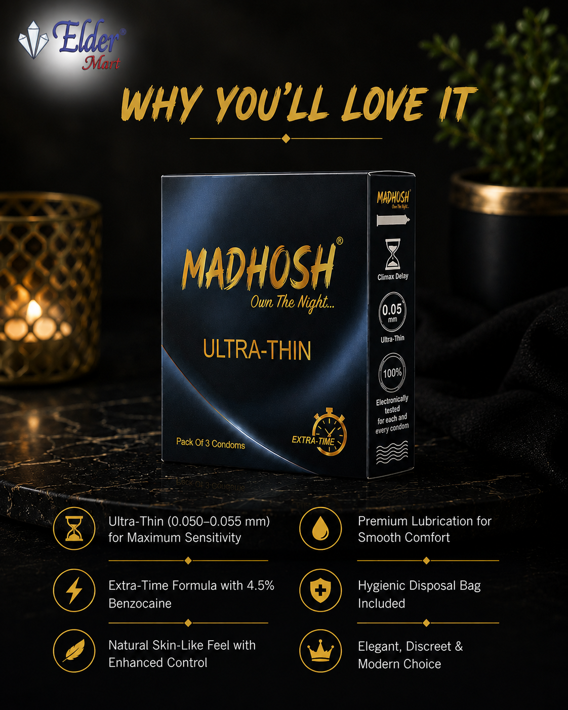 MADHOSH Ultra Thin Condoms for Men | Extra Time Formula | Pack of 3